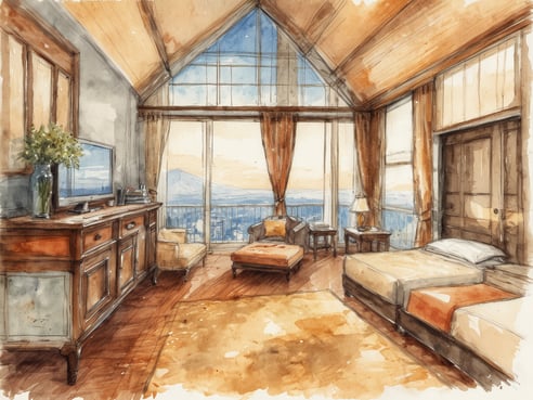Ein elegantes Hotelzimmer mit hohen, lichtdurchfluteten Fenstern, die einen Blick auf eine malerische Landschaft bieten. Der Raum ist geschmackvoll eingerichtet mit einem Doppelbett, zwei gemütlichen Sesseln und einem Teppich. Ein TV-Gerät und ein Sideboard aus Holz sind ebenfalls vorhanden. Hochwertige Vorhänge und eine Vase mit frischen Blumen ergänzen die ansprechende Atmosphäre.