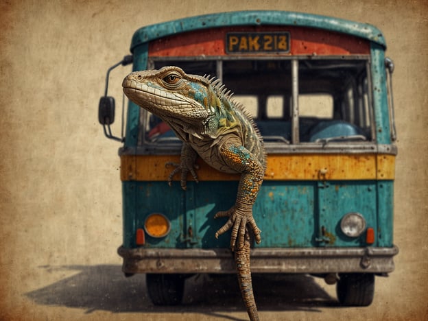 Auf dem Bild ist eine Echse zu sehen, die aus einem alten, bunten Bus heraus schaut. Der Bus hat Roststellen und zeigt eine abgenutzte, nostalgische Optik.Beim Transport der Echse solltest du Folgendes beachten:1. **Sicherheit**: Stelle sicher, dass die Echse sicher verstaut ist, um Verletzungen zu vermeiden.2. **Temperatur**: Behüte sie vor extremen Temperaturen, da Echsen wechselwarm sind.3. **Platz**: Achte darauf, dass sie ausreichend Raum zum Bewegen hat, um Stress zu vermeiden.4. **Wasser**: Sorge für eine angemessene Wasserversorgung, um eine Dehydrierung zu verhindern.Diese Punkte sind wichtig, um das Wohlbefinden der Echse während des Transports zu gewährleisten.