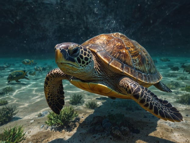 In diesem Bild sehen wir eine majestätische Schildkröte, die elegant durch das klaren Wasser schwimmt. Umgeben von einer vielfältigen Unterwasserwelt und sanften Pflanzen vermittelt es einen Eindruck von Ruhe und Harmonie.Stellen Sie sich vor, Sie machen Urlaub und haben die Möglichkeit, diese faszinierenden Kreaturen in ihrem natürlichen Lebensraum zu beobachten. Diese Art von Erlebnis ist nicht nur erholsam, sondern auch lehrreich, da man viel über die Lebensweise und den Schutz dieser wunderbaren Tiere erfahren kann. Ein Schildkröten-Urlaub ist die perfekte Gelegenheit, den Ozean hautnah zu erleben und die Schönheit der Unterwasserwelt zu genießen.