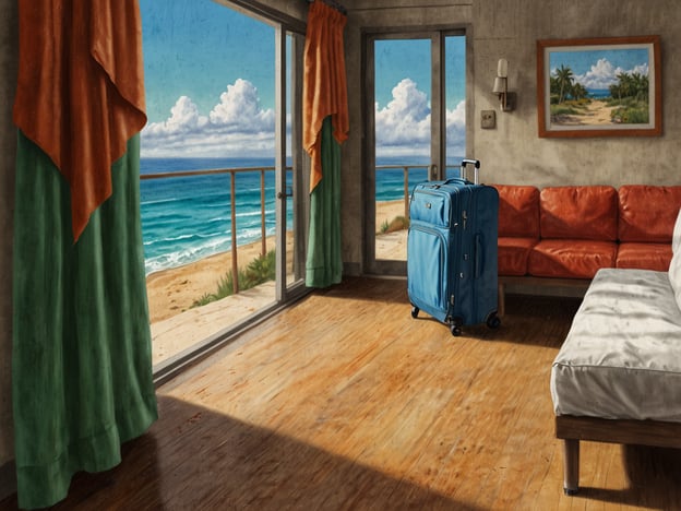 Auf dem Bild ist ein helles Zimmer mit großen Fenstern zu sehen, die auf einen wunderschönen Strandblick zeigen. Ein blauer Koffer steht neben einem orangefarbenen Sofa. Die Fenster sind mit bunten Vorhängen dekoriert, und die Holzfußböden verleihen dem Raum eine warme Atmosphäre.Bei der Pflege und Sicherheit während des Urlaubs ist es wichtig, die Unterkunft immer gut im Auge zu behalten. Schließe Fenster und Türen bei Abwesenheit, um Diebstähle zu vermeiden. Verwahre Wertsachen sicher und achte darauf, dass der Raum sauber und ordentlich ist. Genieße die Aussicht, während du auf deine Sicherheit achtest!