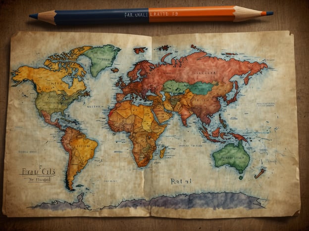 Auf dem Bild ist eine alte, handgezeichnete Weltkarte zu sehen. Die Karte ist farbig gestaltet und zeigt die verschiedenen Kontinente und Länder in unterschiedlichen Farbtönen. Oben liegt ein Buntstift, der möglicherweise für das Design oder für Notizen verwendet wurde.Bei der Planung und Vorbereitung könnte man Folgendes berücksichtigen:1. **Verwendung der Karte**: Überlegen, wie die Karte genutzt werden soll, z. B. für eine Präsentation oder zur geografischen Bildung.2. **Farbauswahl**: Die Farben können eine bestimmte Bedeutung haben; daher wäre es sinnvoll zu planen, welche Farben für welche Regionen oder Informationen verwendet werden sollen.3. **Notizen machen**: Mit dem Buntstift könnte man wichtige Punkte oder Informationen auf der Karte notieren, daher sollte man sich im Voraus überlegen, welche Aspekte besonders hervorgehoben werden sollen.