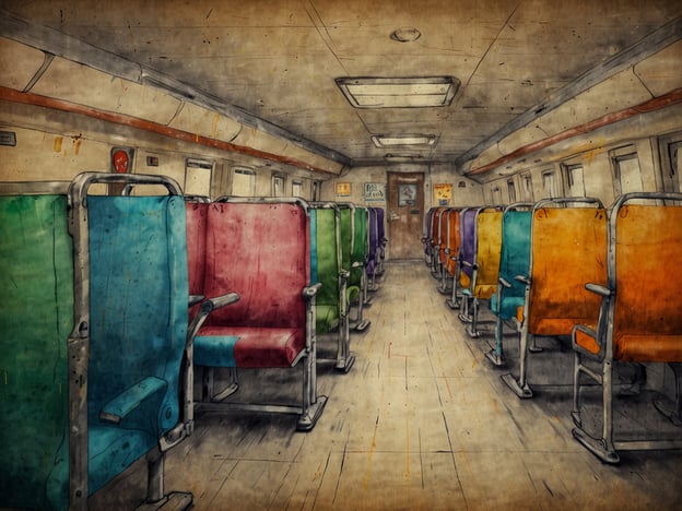 Auf dem Bild sind verschiedene Sitzplätze in einem Waggon zu sehen. Die Sitze sind in verschiedenen Farben gehalten und scheinen in einem öffentlichen Verkehrsmittel, wie einem Zug, angeordnet zu sein. Der Raum wirkt leer und könnte auf eine gewisse Isolation oder eine ruhigere Zeit hinweisen.Bezüglich Sicherheit und Gesundheit ist es wichtig, dass solche öffentlichen Verkehrsmittel gut gewartet werden, um die Sicherheit der Passagiere zu gewährleisten. Zudem sollte auf Sauberkeit geachtet werden, um die Gesundheit der Reisenden zu schützen, insbesondere in Zeiten, in denen Hygiene von großer Bedeutung ist.