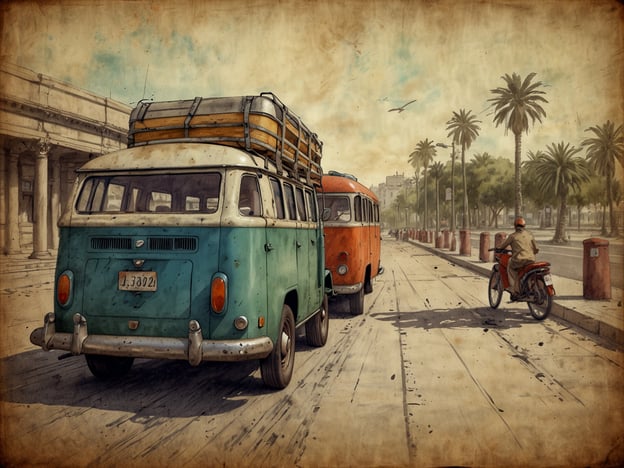 Auf dem Bild sind zwei klassische VW-Busse in einem sonnigen Ambiente zu sehen, begleitet von einem Motorradfahrer. Diese Fahrzeuge wecken Erinnerungen an Reisen in der Natur und Abenteuer auf den Straßen.Ich erinnere mich an einen Roadtrip entlang der Küste, wo wir in einem ähnlichen Oldtimer viele Stopps einlegten, um atemberaubende Ausblicke zu genießen und kleine, versteckte Strände zu entdecken. Der Geruch von frischem Meer und das Gefühl des Windes im Haar sind unvergesslich.Die Palmen im Hintergrund erinnern an tropische Destinationen. Ich habe einmal eine Reise gemacht, bei der ich unter Palmen gesessen habe, während die Sonne unterging. Solche Erlebnisse verbinden sich oft mit der Vorstellung von Freiheit und Entschleunigung.Die Stimmung des Bildes könnte eine Einladung sein, eine neue Entdeckungstour zu planen, vielleicht eine nostalgische Reise in einem VW-Bus, um die Schönheit der Natur und die Freude an der Gemeinschaft zu erleben.