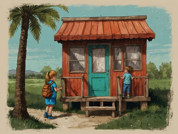 Auf dem Bild sind zwei Kinder zu sehen, die vor einem kleinen, roten Häuschen stehen. Ein Mädchen mit einem Rucksack scheint nachdenklich auf die Tür zu schauen, während ein Junge auf der Veranda steht und nach innen schaut. Die Umgebung ist grün mit einigen Palmen und Bergen im Hintergrund.Alternative Betreuungsoptionen könnten sein:- Die Kinder könnten ihre Fantasie spielen lassen und im Garten Abenteuer erleben.- Das Häuschen könnte als Spielplatz oder Rückzugsort für kreative Aktivitäten genutzt werden.- Gemeinsame Spiele im Freien oder auf dem Grundstück könnten die soziale Interaktion fördern.