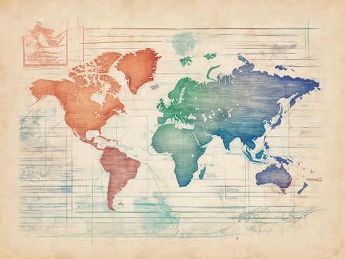 Auf dem Bild ist eine stilisierte Weltkarte zu sehen, die in sanften Farben dargestellt ist. Nord- und Südamerika sind in einem kräftigen Rot und Orange gefärbt, während Europa, Afrika und Asien in sanften Grüntönen gehalten sind. Der Hintergrund ist beige und weist ein strukturiertes Design auf, das an altes Papier erinnert. Auf der Karte sind feine, blaue Linien und Skizzen zu sehen, die den Eindruck von Handzeichnung vermitteln.