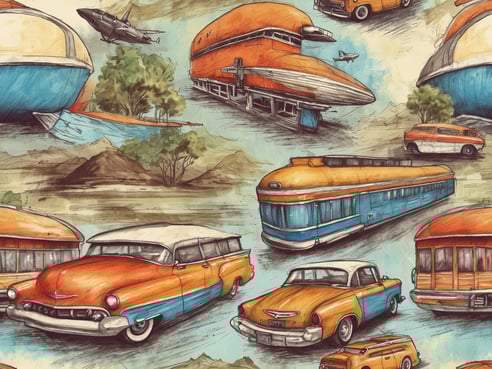 Auf dem Bild sind verschiedene Fahrzeuge und Transportmittel in einem nostalgischen Stil zu sehen. Dazu gehören klassische Autos mit auffälligen Farben, ein Straßenbahnwagen und futuristisch anmutende Schiffe. In der Hintergrundgestaltung sind auch Berge und Bäume zu erkennen, was eine ruhige Landschaft schafft. Die Anordnung der Fahrzeuge vermittelt das Gefühl einer Rundreise durch verschiedene Epochen des Transports. Die Farbpalette umfasst sanfte Töne von Blau, Orange und Erdtönen.