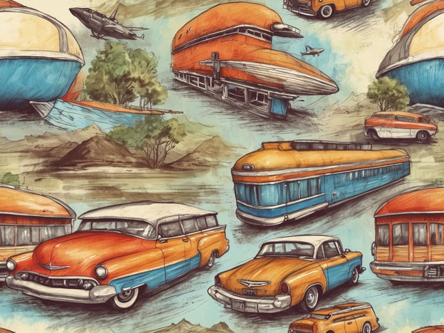 Auf dem Bild sind verschiedene Fahrzeuge und Transportmittel in einem nostalgischen Stil zu sehen. Dazu gehören klassische Autos mit auffälligen Farben, ein Straßenbahnwagen und futuristisch anmutende Schiffe. In der Hintergrundgestaltung sind auch Berge und Bäume zu erkennen, was eine ruhige Landschaft schafft. Die Anordnung der Fahrzeuge vermittelt das Gefühl einer Rundreise durch verschiedene Epochen des Transports. Die Farbpalette umfasst sanfte Töne von Blau, Orange und Erdtönen.