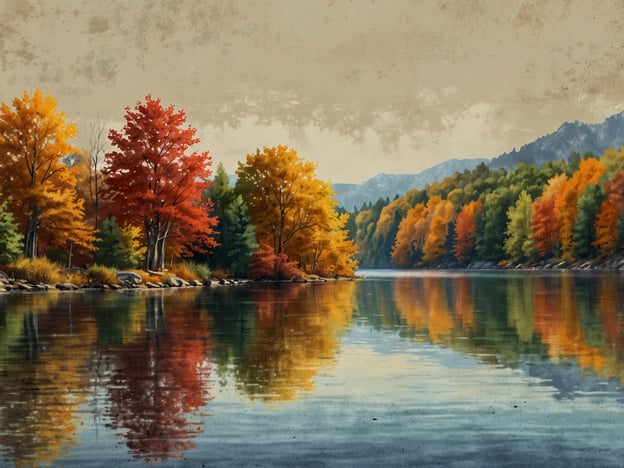 Auf dem Bild ist eine malerische Herbstlandschaft zu sehen. Der ruhige Fluss spiegelt die leuchtenden Farben der Bäume wider, die in verschiedenen Tönen von Gelb, Orange und Rot erstrahlen. Diese Farben sind typisch für den Herbst, wenn die Blätter sich verfärben und die Natur in eine warme Palette von Erdtönen getaucht wird.Im Hintergrund erheben sich sanfte Berge, die durch eine sanfte Nebelschicht umhüllt sind, was der Szene eine mystische Atmosphäre verleiht. Diese Art von Naturerlebnis lädt dazu ein, Spaziergänge am Flussufer zu unternehmen, die frische, kühle Luft einzuatmen und die Schönheit der Natur in ihrer vollsten Pracht zu genießen.