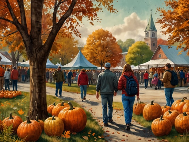 Auf dem Bild ist eine herbstliche Szenerie zu sehen, die eine lebhafte Marktsituation darstellt. Die Farben der Bäume sind in warmen Herbsttönen gehalten, die typisch für diese Jahreszeit sind. Auf dem Weg gehen zwei Personen, die offensichtlich den Markt besuchen. Um sie herum stehen viele Kürbisse, die ein beliebtes Symbol für den Herbst und Erntedankfeste sind.Solche Märkte sind oft kulturelle Highlights im Herbst, wo lokale Produkte verkauft werden, darunter frisches Obst, Gemüse und handgefertigte Waren. Die Atmosphäre ist festlich und einladend, was viele Menschen anzieht, um die Schönheit der Natur und die Gemeinschaft zu genießen. Ein Ort wie dieser könnte auch typisch für Veranstaltungen wie Erntedankfeste und ähnliche Feierlichkeiten sein, die in dieser Jahreszeit stattfinden.