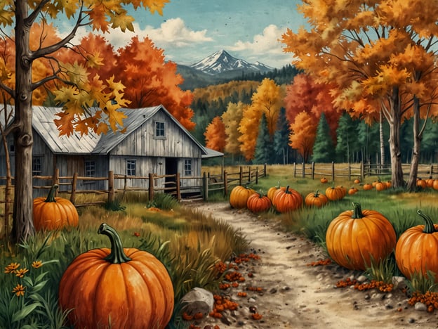Auf dem Bild sieht man eine malerische Herbstlandschaft mit einem Holzhaus, bunten Bäumen in leuchtenden Herbstfarben und Kürbissen, die auf dem Feld wachsen. Diese Szenerie lädt zu verschiedenen Aktivitäten ein, die den Herbst unvergesslich machen:1. **Kürbisernte**: Gemeinsam mit Familie oder Freunden die Kürbisse ernten und die schönsten auswählen.2. **Wanderungen**: Nichts ist schöner, als die bunten Blätter bei einem Herbstspaziergang zu genießen.3. **Herbstdekoration**: Die frisch geernteten Kürbisse zur dekorativen Gestaltung von Haus und Garten verwenden.4. **Herbstpicknick**: Ein Picknick im Freien mit saisonalen Leckereien wie Apfelkuchen und Nüssen.5. **Laub sammeln**: Bunte Blätter sammeln, um kreative Bastelideen umzusetzen oder eine Laubschlacht zu veranstalten.Diese Aktivitäten machen den Herbst zu einer besonderen und unvergesslichen Zeit!