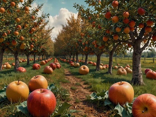 Auf dem Bild sind herrlich pralle Apfelbäume zu sehen, die in einem sonnigen Obstgarten stehen. Der herbstliche Anblick eröffnet eine Fülle kulinarischer Highlights der Saison.In dieser Zeit sind frische Äpfel in verschiedenen Sorten besonders beliebt und laden dazu ein, köstliche Apfelgerichte zu kreieren. Man kann Apfelkuchen und Apfelstrudel backen, die mit Zimt und Zucker verfeinert werden. Auch Apfelmus oder gesunde Snacks wie Apfelscheiben mit Nussbutter sind im Herbst eine wunderbare Wahl.Darüber hinaus eignen sich die Äpfel hervorragend für herzhafte Gerichte, in Salaten oder als Beilage zu Fleisch. Der Herbst ist auch die Zeit für Apfelwein und Apfelschorle, die perfekt die entspannte Atmosphäre der Saison ergänzen.