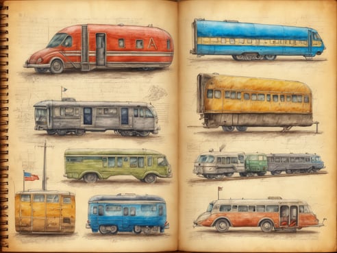 Auf dem Bild sind verschiedene vintage Reisemobile und Züge in einem skizzenhaften Stil dargestellt. Die Fahrzeuge sind farbenfroh, darunter rote, blaue, grüne, orange und graue Modelle. Jedes Fahrzeug zeigt einzigartige Designelemente, wie Fenster, Türen und Flaggen auf einigen Dächern. Diese künstlerische Darstellung vermittelt Nostalgie und weckt das Interesse an nostalgischem Tourismus und historischen Reisen.