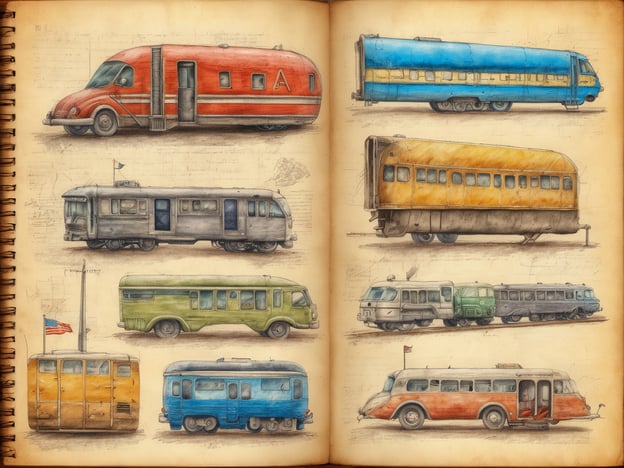 Auf dem Bild sind verschiedene vintage Reisemobile und Züge in einem skizzenhaften Stil dargestellt. Die Fahrzeuge sind farbenfroh, darunter rote, blaue, grüne, orange und graue Modelle. Jedes Fahrzeug zeigt einzigartige Designelemente, wie Fenster, Türen und Flaggen auf einigen Dächern. Diese künstlerische Darstellung vermittelt Nostalgie und weckt das Interesse an nostalgischem Tourismus und historischen Reisen.