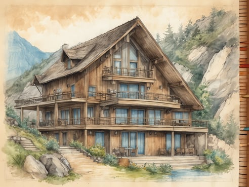Ein modernes, mehrstöckiges Holzhaus in einer malerischen Berglandschaft ist abgebildet. Das Gebäude hat ein großes, schräg abfallendes Dach und einen Balkon auf jeder Etage. Große Fensterfronten bieten einen Blick auf die Umgebung. Vor dem Haus verläuft ein Weg mit Steinen und Pflanzen, der zu einem kleinen Gewässer führt. Die Vorderansicht des Hauses strahlt Gemütlichkeit und Naturverbundenheit aus.