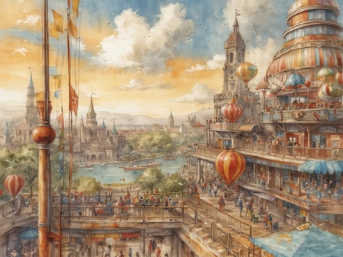 Eine malerische Ansicht eines lebhaften Urlaubsortes mit vielen Menschen, die an einem Flussufer spazieren. Auf der linken Seite sind bunte Luftballons und Fahnen zu sehen, während im Hintergrund prächtige Gebäude mit Türmen und Zinnen den Horizont zieren. Die Atmosphäre ist fröhlich, mit strahlend blauem Himmel und sanften Wolken, was das Gefühl von einem perfekten Urlaubstag verstärkt. Am Fluss fahren einige Boote vorbei, während die oberen Etagen der Gebäude von Gästen bevölkert sind, die die Aussicht genießen.