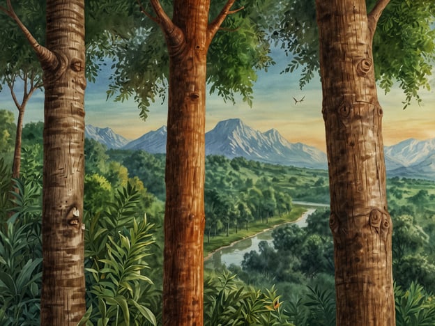 Auf dem Bild sind majestätische Bäume zu sehen, die an einem Fluss stehen und von einer üppigen, grünen Landschaft umgeben sind. Im Hintergrund erhebt sich eine Bergkette, während der Himmel in sanften Farben leuchtet. Diese Szenerie erinnert an die Schönheit und den Reichtum der Natur.Die Darstellung betont die Wichtigkeit der Natur und erfordert unsere Verantwortung, sie zu schützen. Wir müssen uns um unsere Wälder und Wasserwege kümmern, um sicherzustellen, dass zukünftige Generationen ebenfalls die Wunder der Natur erleben können. Es ist wichtig, nachhaltige Praktiken zu fördern und unseren Einfluss auf die Umwelt zu minimieren.