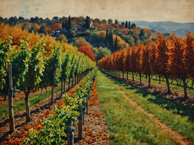 Auf dem Bild ist eine malerische Landschaft mit Weinstöcken und Bäumen zu sehen, die in herbstlichen Farben leuchten.Dieses Szenario erinnert an einige der besten Reiseziele im Herbst. Regionen wie die Toskana in Italien sind besonders im Herbst beliebt, wenn die Weinlese beginnt und die Landschaft in warmen Orangetönen erstrahlt. Auch der Napa Valley in Kalifornien zieht viele Besucher an, um die Weinernte und die farbenfrohe Natur zu erleben. Solche Orte bieten nicht nur atemberaubende Aussichten, sondern auch eine Vielzahl von Weintouren und kulinarischen Erlebnissen.