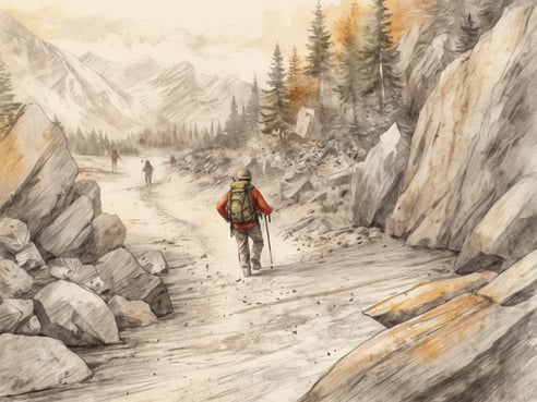 Eine Gruppe von Wanderern erkundet einen schroffen Bergpfad, umgeben von großen Felsen und einer bewaldeten Landschaft. Die Wanderer tragen Rucksäcke und sind in wetterfester Kleidung gekleidet. Im Hintergrund sind majestätische Berge zu sehen, während die Bäume in verschiedenen Herbsttönen leuchten. Die Szene vermittelt ein Gefühl von Abenteuer und Erkundung in der Natur, ideal für Abenteuertourismus.