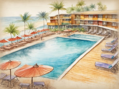Das Bild zeigt eine Poollandschaft in einer tropischen Umgebung. Im Vordergrund befindet sich ein großer, blauer Swimmingpool, umgeben von Holzdecks und Liegestühlen. Auf der linken Seite sind mehrere rote Sonnenschirme aufgestellt, unter denen sich Liegen befinden. Im Hintergrund sieht man ein Hotelgebäude mit mehreren Etagen, das in warmen Farben gestaltet ist. Rund um den Pool und das Hotel sind Palmen, die ein tropisches Flair vermitteln. Hinter dem Hotel erstreckt sich der Strand mit sanften Wellen, die auf den Sand treffen. Der Himmel ist hell und lässt eine entspannte Urlaubsatmosphäre entstehen.