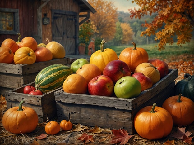 Auf dem Bild sind verschiedene Kürbisse, Äpfel und Melonen zu sehen, die in holzernen Kisten auf einem Feld angeordnet sind. Diese kulinarischen Höhepunkte des Herbstes symbolisieren die reiche Erntezeit.Kürbisse eignen sich bestens für herzhafte Gerichte wie Kürbissuppen oder als herbstliche Beilage. Äpfel sind perfekt für Apfelkuchen oder frischen Apfelmost. Die Melonen bringen eine erfrischende Note und können als Dessert oder in Salaten serviert werden. All diese Früchte laden ein, die warmen Herbstabende mit köstlichen Speisen und Getränken zu genießen.