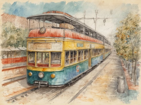 Eine historische Straßenbahn steht auf einem beleuchteten Gleis. Die Bahn hat eine bunte Farbgestaltung mit einem roten Dach, gelbem und grünem Korpus. Im Hintergrund sind unscharfe Silhouetten von Bäumen und einer weiteren Bahn zu sehen. Die Umgebung wirkt ruhig und malerisch, mit einem gepflasterten Gehweg und einer Sitzbank. Der Himmel ist klar mit sanften Wolken und unterstreicht die gemütliche Atmosphäre dieser Szenerie.