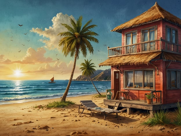 Auf dem Bild ist eine idyllische Strandlandschaft zu sehen, mit einer gemütlichen roten Strandhütte, Palmen und einem schönen Sonnenuntergang über dem Meer. Ein kleines Segelboot ist ebenfalls im Wasser zu sehen.Warum in den Süden reisen? Diese Szene zeigt, wie entspannend und friedlich ein Aufenthalt am Strand sein kann. Die warme Sonne, der Klang der Wellen und die frische Meeresbrise verleihen einem das Gefühl von Urlaub und Erholung. Solch eine Umgebung lädt dazu ein, dem Alltag zu entfliehen und neue Energie zu tanken.
