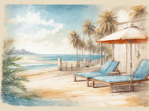 Eine malerische Strandlandschaft mit zwei blauen Liegen und einem Sonnenschirm, umgeben von Palmen. Im Hintergrund erstreckt sich ein schöner Sandstrand und das glitzernde Meer ist unter einem klaren Himmel mit einigen Wolken sichtbar. Ein entspannendes Ambiente, ideal für einen Badeurlaub.