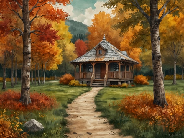 Auf dem Bild ist eine malerische Landschaft im Herbst mit bunten, laubtragenden Bäumen zu sehen. Ein idyllisches Häuschen steht am Ende eines schmalen Weges, umgeben von einer Fülle von orange- und gelbtönen Blättern.Diese Umgebung eignet sich perfekt für verschiedene Wellness-Angebote und Behandlungen im Herbst. Zum Beispiel könnte man hier entspannende Massagen anbieten, die mit ätherischen Ölen aus Herbstpflanzen wie Zimt und Vanille angereichert sind. Zudem sind Kräuterbäder und Dampfbäder ideal, um die Haut zu regenerieren und das Immunsystem zu stärken, während die frische Luft und die ruhige Natur zur totalen Entspannung einladen. Eine Zeit für Yoga- oder Meditationssessions im Freien könnte ebenfalls ein wunderbarer Weg sein, um Körper und Geist in Einklang zu bringen und die Schönheit der herbstlichen Umgebung zu genießen.