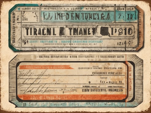 Auf dem Bild sind zwei alte Bahntickets zu sehen. Das obere Ticket hat eine blaue und grau-orangene Farbgebung und enthält Angaben wie das Reisedatum und verschiedene Nummern. Das untere Ticket ist in ähnlichen Farben gehalten, zeigt handschriftliche Notizen und hat einen ähnlichen Layout-Stil. Beide Tickets sind auf einem hellen, strukturierten Hintergrund platziert, was den Vintage-Eindruck verstärkt.