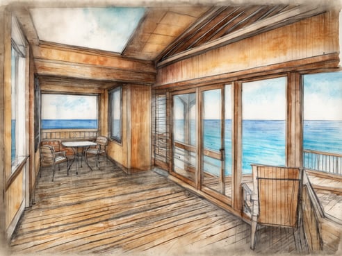Die Balkonkabine ist hell und einladend gestaltet. Sie verfügt über große Fenster, die den Blick auf das Meer freigeben. In der Mitte befindet sich ein kleiner Tisch mit zwei Stühlen, die bequem wirken. Der Boden ist aus Holz und trägt zur warmen Atmosphäre bei. Die Wände sind ebenfalls aus Holz, was dem Raum eine gemütliche Note verleiht. Der Himmel ist leicht bewölkt, und die Wellen des Meeres sind sichtbar im Hintergrund.