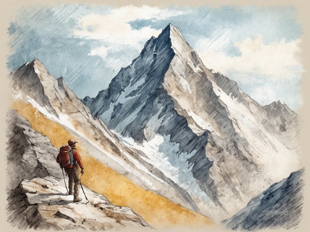 Ein Bergsteiger steht auf einem schmalen Felsenweg und blickt auf einen majestätischen Gipfel, dessen Spitze schneebedeckt ist. Der Himmel zeigt verschiedene Blautöne mit einigen weißen Wolken. Die Umgebung ist geprägt von steilen Felswänden und schroffen Berghängen, die in Erdtönen gehalten sind. Der Bergsteiger trägt einen orangenen Fleecepullover und einen Rucksack und hält einen Gehstock in der Hand.