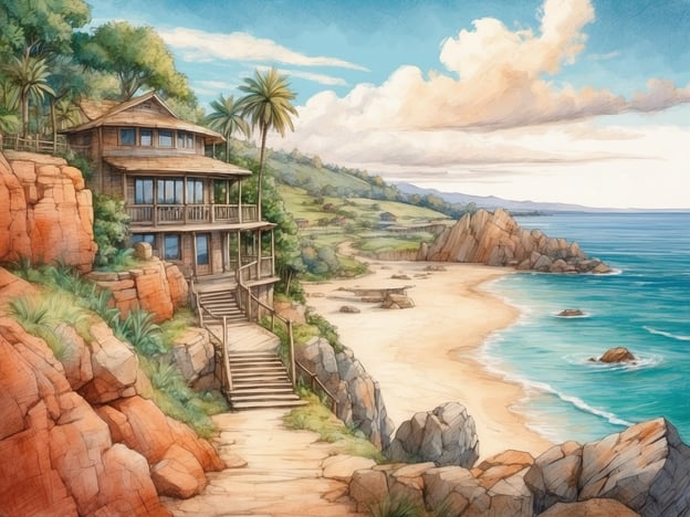 Auf dem Bild ist ein malerisches Ferienhaus zu sehen, das sich auf einer Klippe über einem ruhigen Strand mit türkisblauem Wasser befindet. Die Umgebung ist geprägt von üppigem Grün und Palmen, was eine tropische Atmosphäre schafft. Aktivitäten, die man hier genießen könnte, sind:1. **Strandspaziergänge**: Entlang der sandigen Küste kann man entspannte Spaziergänge machen und die Meeresbrise genießen.2. **Schwimmen oder Schnorcheln**: Das klare Wasser lädt dazu ein, schwimmen zu gehen oder die Unterwasserwelt zu erkunden.3. **Wandern**: Die Wanderwege in der Umgebung bieten schöne Ausblicke auf die Küste und die Natur.4. **Entspannen**: Auf der Terrasse des Hauses kann man sich entspannen und die Aussicht genießen.Diese Kulisse ist ideal für einen erholsamen Urlaub in der Natur.