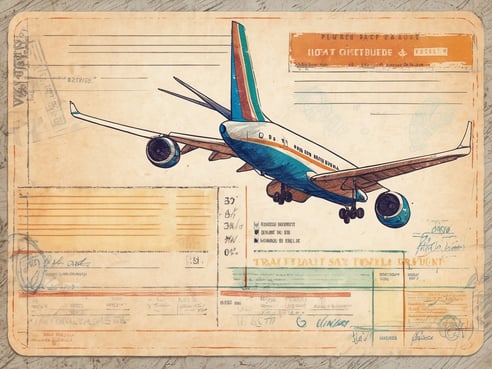 Eine graphische Darstellung einer Bordkarte mit einem gezeichneten Flugzeug, das aus der Perspektive des Landens gezeigt wird. Die Bordkarte enthält verschiedene Felder für Passagierinformationen, Flugdetails und Stempel, die die Authentizität unterstreichen. Die Farben sind überwiegend beige, blau und orange, was der Karte ein nostalgisches Aussehen verleiht. Der Hintergrund zeigt eine strukturierte Oberfläche, die den Eindruck von Papier vermittelt.
