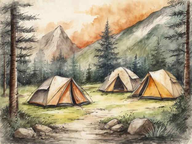 Eine idyllische Campingplatz-Szene mit mehreren Zelten in einem grünen Waldgebiet. Im Hintergrund erheben sich majestätische Berge unter einem orangefarbenen Himmel. Die Zelte haben orangefarbene Akzente und sind umgeben von hohen Tannen und einer Wiese. Einige Steine liegen verstreut am Boden, was die natürliche Umgebung unterstreicht.