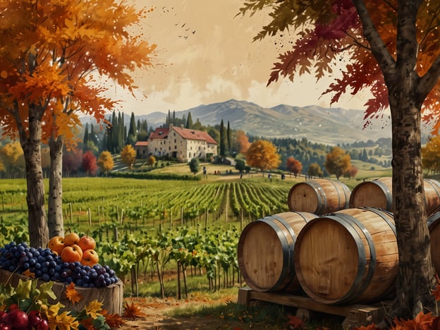 Auf dem Bild sind malerische Weinberge in der Herbstsaison zu sehen. Die Bäume sind in warmen Herbsttönen gefärbt, und im Vordergrund sind Holzfässer sowie eine Auswahl an frischem Obst, wie Trauben und Äpfel, platziert. Im Hintergrund erstrecken sich die Weinberge bis zu einem schönen Landhaus, umgeben von Hügeln und weiteren Bäumen in bunten Farben.Diese Szene ist charakteristisch für die Weinfeste der Herbstsaison, wo für die Ernte und die Weinproduktion gefeiert wird. Es ist eine Zeit des Genusses, an dem die Weinkenner lokale Weine probieren und die Aromen der frisch geernteten Trauben erleben können. Solche Feste bringen Menschen zusammen, um die Schönheit der Natur und die Vielfalt der Weinkultur zu feiern.