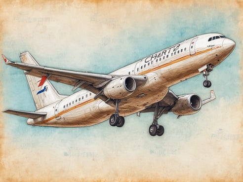 Ein Charterflugzeug ist im Landeanflug dargestellt, mit den Triebwerken und dem Fahrwerk sichtbar. Die Farbgebung zeigt eine Kombination aus Weiß und verschiedenen Blautönen. Auf dem Flugzeug steht der Schriftzug Charter, der deutlich erkennbar ist. Der Hintergrund ist in sanften, hellen Farbtönen gehalten, die dem Bild einen nostalgischen Charakter verleihen.