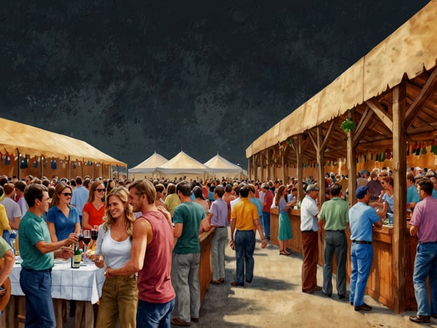 Auf dem Bild ist eine lebhafte Weinmesse oder ein Weinfest zu sehen, bei dem viele Menschen zusammenkommen, um Wein zu genießen, zu essen und sich zu unterhalten. Solche Feste sind in vielen Ländern beliebt, darunter:1. **Weinfest in Deutschland** – Das bekannteste ist das Oktoberfest in München, das nicht nur Bier, sondern auch Weine aus der Region bietet.2. **Festa della Vendemmia in Italien** – Dies feiert die Weinlese, insbesondere in Regionen wie der Toskana, wo Weinfeste ein großes Ereignis sind.3. **Wine & Food Festival in Australien** – Hier können Besucher lokale Weine und kulinarische Köstlichkeiten erleben, oft in malerischen Weinregionen wie dem Barossa Valley.4. **Sonoma County Harvest Fair in den USA** – Ein Fest, das im kalifornischen Sonoma stattfindet und die Weinernte feiert, mit Proben und Veranstaltungen.5. **La Fête des Vins in Frankreich** – In Bordeaux findet dieses Fest statt und zieht Weinkenner aus der ganzen Welt an, um lokale Weine zu probieren.Diese festlichen Veranstaltungen bringen Menschen zusammen, um die Freude am Wein zu teilen und kulturelle Traditionen zu feiern.