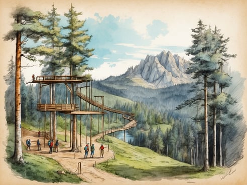 Ein malerisches Bild eines Naturhochseilgartens in Waldkirchen, umgeben von hohen Bäumen und einer hügeligen Landschaft. Der Hochseilgarten besteht aus Holzstrukturen in den Bäumen, die durch Seile verbunden sind. Im Vordergrund sind einige Menschen zu sehen, die sich auf einem Weg in der Nähe des Gartens bewegen. Im Hintergrund erheben sich majestätische Berge unter einem klaren Himmel. Die gesamte Szene strahlt eine einladende und abenteuerliche Atmosphäre aus.