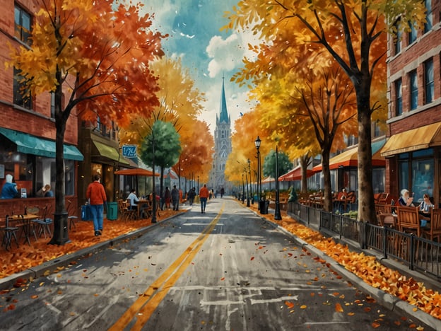 Die Magie des Herbstes in der Stadt.Auf dem Bild ist eine malerische städtische Straße zu sehen, die von bunten Herbstbäumen gesäumt ist. Die Blätter leuchten in warmen Farben, wie Orange, Gelb und Rot. Auf beiden Seiten der Straße befinden sich Cafés und Restaurants mit Außenbestuhlung, wo Menschen gemütlich sitzen. Einige Passanten schlendern entspannt die Straße entlang, während ein kirchlicher Turm im Hintergrund sichtbar ist, der die Szene ergänzt. Das Bild strahlt eine friedliche und einladende Herbstatmosphäre aus, die zum Verweilen einlädt.