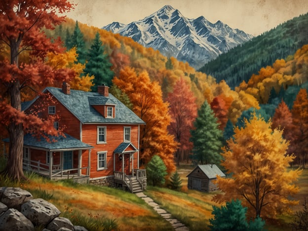 Auf dem Bild ist eine malerische Herbstlandschaft mit einem roten Haus, umgeben von leuchtend bunten Bäumen in verschiedenen Herbstfarben. Im Hintergrund sind schneebedeckte Berge zu sehen, die eine beeindruckende Kulisse bieten. Diese Szenerie eignet sich hervorragend für einen herbstlichen Kurzurlaub.Für solche Reisen wären Städte wie **Kleinwalsertal** in Österreich, **Zug** in der Schweiz, **Freiburg** im Breisgau in Deutschland und **Tegernsee** in Bayern ideale Ziele, um die herbstliche Natur zu genießen und entspannte Tage zu verbringen.