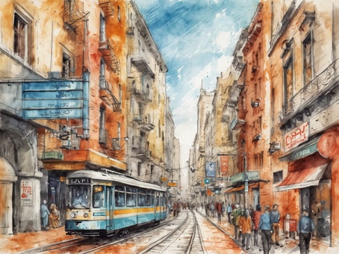 Eine belebte Stadtstraße mit einer Straßenbahn, die auf den Schienen fährt. Auf der linken Seite sind bunte Gebäude mit Fenstern und Veranden zu sehen, während auf der rechten Seite Schilder und kleine Läden zu sehen sind. Die Straße ist gesäumt von Fußgängern, die in verschiedenen Richtungen gehen. Der Himmel ist blau mit einigen Wolken, was eine freundliche, lebendige Atmosphäre vermittelt.