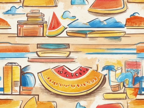 Bunt illustrierte Darstellung von Urlaubsattributen mit einem großen Stück Wassermelone im Vordergrund, umgeben von verschiedenen farbenfrohen Platten, Obst und einem entspannenden Ambiente. Die Elemente sind locker angeordnet und vermitteln ein Gefühl von Leichtigkeit und Genuss, ideal für einen Cluburlaub. Der Hintergrund zeigt Himmel und Wolken, die das Urlaubsgefühl verstärken.
