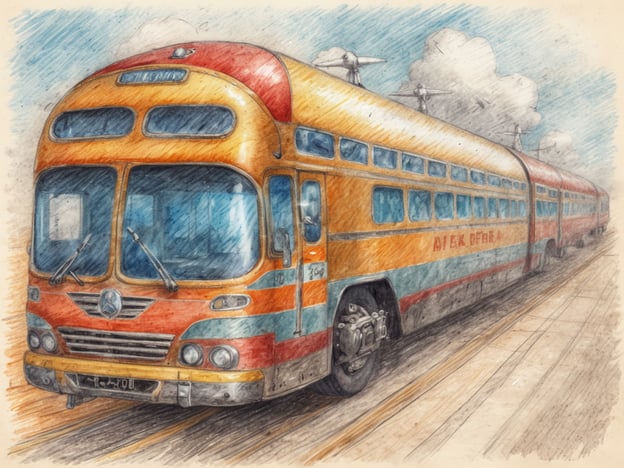 Ein farbenfroher, vintage Lastwagen fährt auf einem Gleis. Der Lastwagen hat einen orangefarbenen und blauen Farbverlauf und zeigt Fenster, die Licht reflektieren. Der Himmel ist mit einigen weißen Wolken verziert. Dieser Lastwagen scheint auf einer langen Strecke unterwegs zu sein und vermittelt ein Gefühl von Nostalgie und Bewegung.