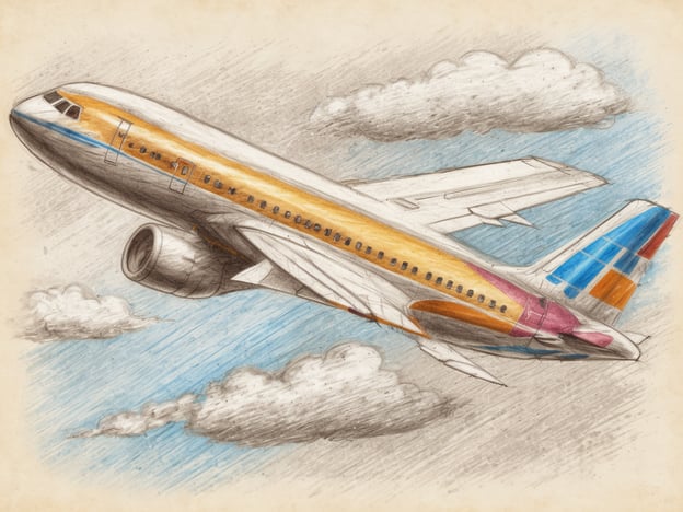 Ein bunt bemaltes Flugzeug fliegt durch den Himmel, umgeben von weißen Wolken. Das Flugzeug ist leicht schräg nach oben geneigt und zeigt seine Tragflächen. Der Hintergrund ist mit blauen Himmelsschattierungen und gestrichelten Linien gestaltet, die Bewegung darstellen.