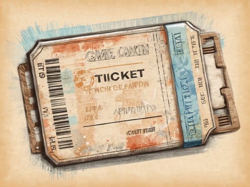 Ein E-Ticket mit verschiedenen Texten und einem Barcode ist abgebildet. Das Ticket hat eine beige Hintergrundfarbe mit bunten Farbspritzern in Blau und Orange. Die Aufschrift auf dem Ticket zeigt das Wort Ticket und enthält zusätzliche Informationen. Es hat eine abgerundete Form an den Ecken und ist auf einem hellen, leicht strukturierten Hintergrund platziert.