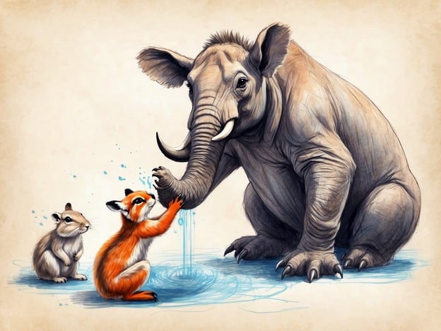 Auf dem Bild sind ein Elefant, ein kleines Tier mit einem runden Körper und ein graues Nagetier zu sehen. Diese Art von Szenario könnte eine wunderbare Erfahrung im Zoo darstellen, wo Tiere miteinander interagieren und Spaß haben.Stellen Sie sich vor, die Besucher beobachten, wie der Elefant mit Wasser spritzt, während die anderen Tiere neugierig heranpäuschen. Solche Momente bringen die Lebendigkeit des Zoos zum Ausdruck und bieten den Kindern und Erwachsenen gleichermaßen die Möglichkeit, die Tiere in einem spielerischen Umfeld zu sehen. Viele Tierparks veranstalten auch spezielle Fütterungszeiten oder Tiermal-Workshops, bei denen die Besucher mehr über das Verhalten und die Lebensweise der Tiere erfahren können. Solche Erlebnisse fördern das Verständnis und die Wertschätzung für die Tierwelt.