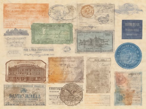 Das Bild zeigt eine Sammlung historischer Einreisevisa und Zollerklärungen in verschiedenen Farben und Designs. Die Dokumente sind auf leicht verfärbtem Papier angeordnet und weisen unterschiedliche Stempel, Unterschriften und Abbildungen, darunter Gebäude und Landschaften, auf. Die Visa stammen aus verschiedenen Ländern und Epochen, was durch die Vielfalt an Schriftarten und Sprachen deutlich wird. Sie sind unregelmäßig angeordnet und vermitteln einen Eindruck von der historischen Reisekultur.