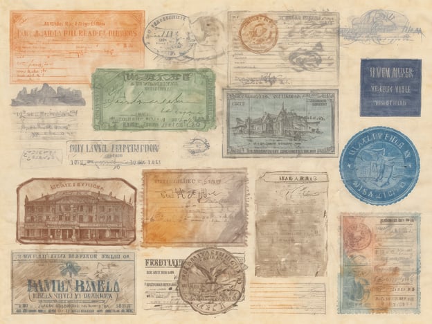 Das Bild zeigt eine Sammlung historischer Einreisevisa und Zollerklärungen in verschiedenen Farben und Designs. Die Dokumente sind auf leicht verfärbtem Papier angeordnet und weisen unterschiedliche Stempel, Unterschriften und Abbildungen, darunter Gebäude und Landschaften, auf. Die Visa stammen aus verschiedenen Ländern und Epochen, was durch die Vielfalt an Schriftarten und Sprachen deutlich wird. Sie sind unregelmäßig angeordnet und vermitteln einen Eindruck von der historischen Reisekultur.
