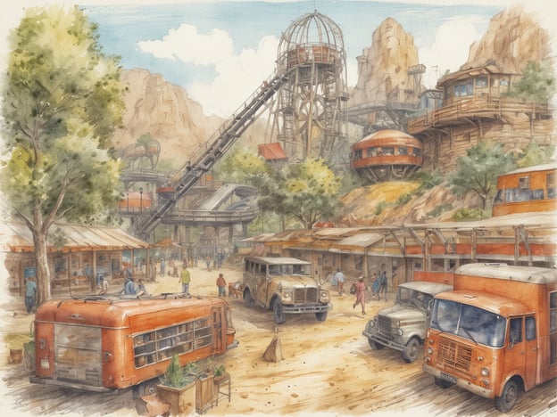 Eine malerische Landschaft zeigt eine belebte Szene in einem ehemaligen Bergbaugebiet. Im Vordergrund sind mehrere orangefarbene Oldtimerfahrzeuge und ein Wohnwagen zu sehen. Darin tummeln sich Menschen, die an verschiedenen Ständen einkaufen oder plaudern. Im Hintergrund ragen monumentale Felsen empor, während eine große seilbahnartige Konstruktion über die Szenerie führt. Holz- und Metallstrukturen, die wie ehemalige Wohn- und Arbeitsgebäude aussehen, sind ebenfalls sichtbar und ergänzen die rustikale Atmosphäre des Ortes. Grüne Bäume und Pflanzen sorgen für ein lebendiges Ambiente, während der Himmel mit sanften Blautönen einen klaren Tag im Freien suggeriert.