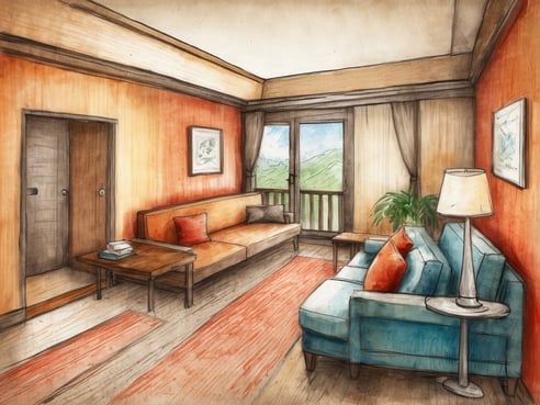 Ein gemütliches Familienzimmer mit einer Kombination aus orangefarbenen und blauen Möbeln. Auf der linken Seite steht eine lange Couch in orange mit einem roten Kissen. Daneben befindet sich ein schlichter Holztisch, auf dem einige Bücher liegen. Auf der rechten Seite steht eine hellblaue Couch mit einem weiteren roten Kissen. Eine moderne Stehlampe naast der Couch sorgt für stimmungsvolles Licht. Die Fenster öffnen sich zu einer Aussicht auf die Berge und sind von beigen Vorhängen umrahmt. An der Wand hängen Bilder und die Wände sind in warmen Farben gehalten, was dem Raum eine einladende Atmosphäre verleiht.